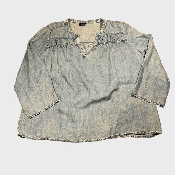 Splendid Tops - Splendid Chambray Tunic Top Peasant Blouse Smocked V Neck Womens XL Boho Denim